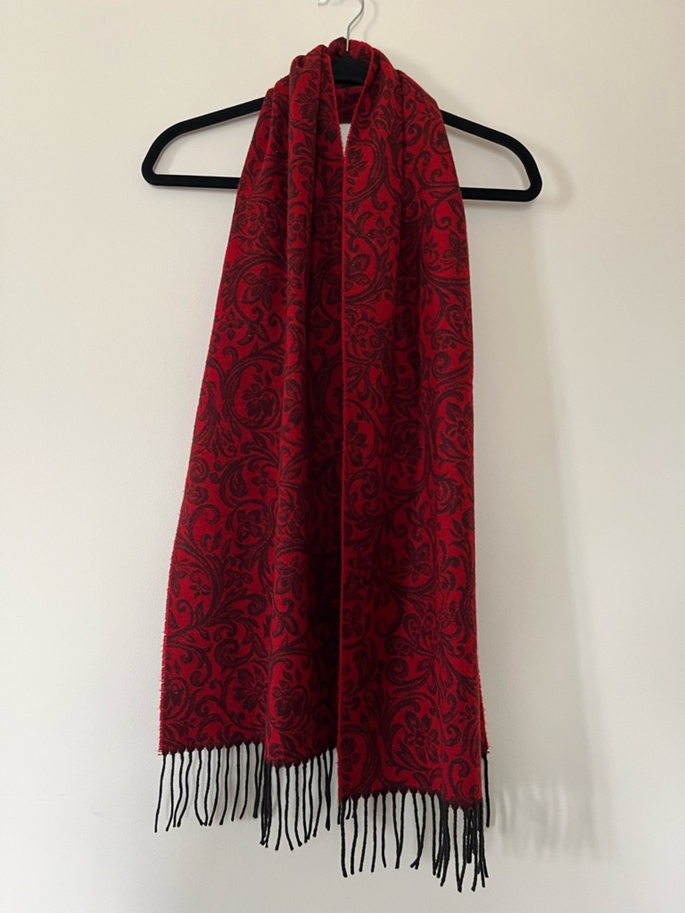 100% Cashmere Scarf Women Red Black Damask Baroque Fringe Quiet Luxury Old Money